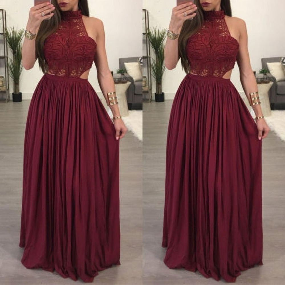Burgundy Floral Crochet Lace Bodice Halter Neck Cut Out Statement Maxi Dress